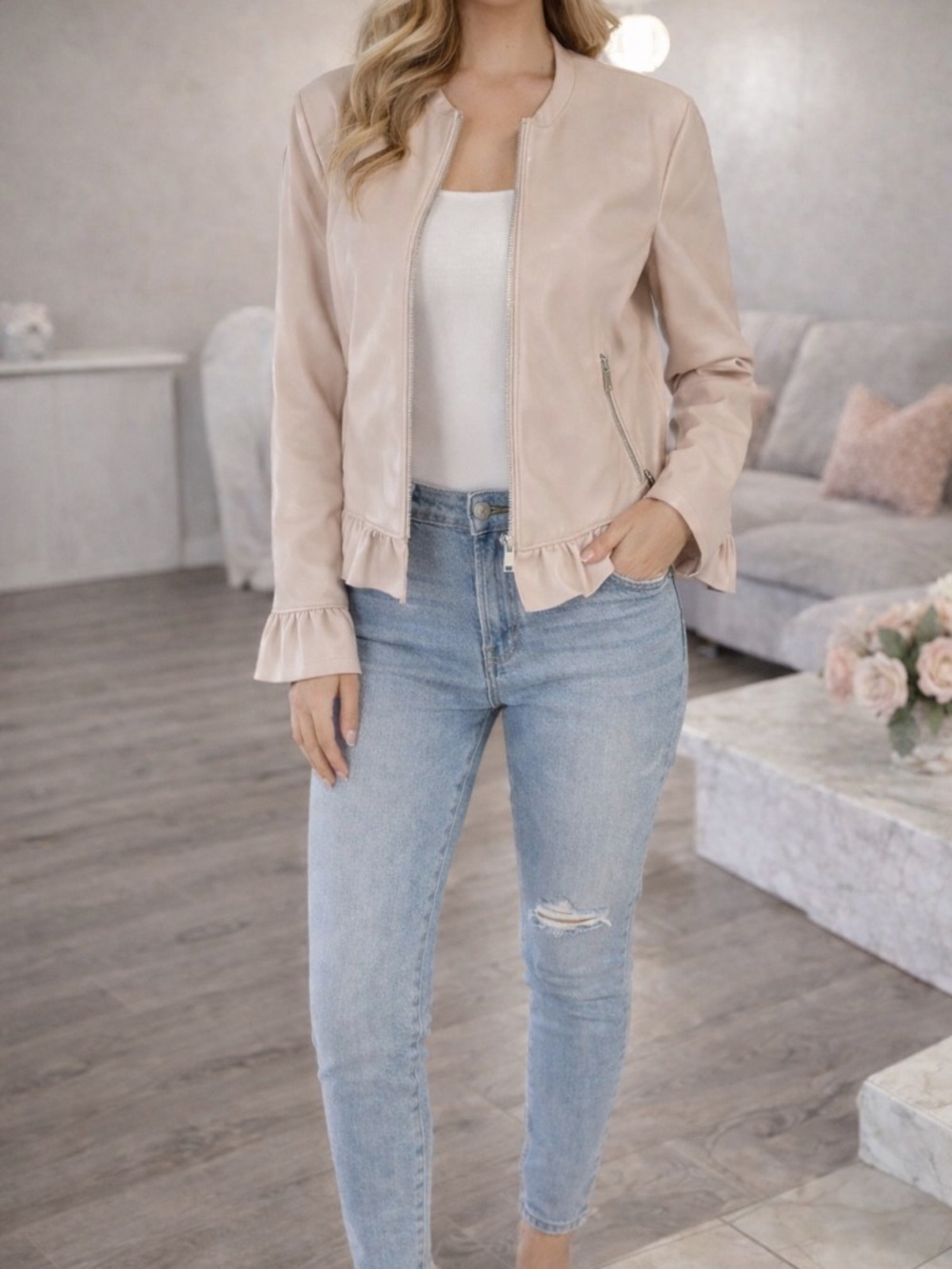 Coffee Shop New York Blush Faux Leather Ruffle Jacket Size Medium Feminine Chic
